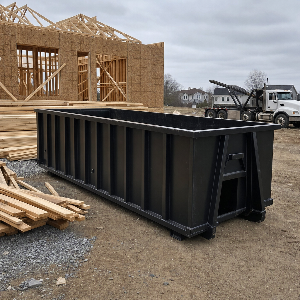 Matte-black 40-yard roll-off dumpster staged on a framed-out residential construction site in League City, framing lumber stacked nearby, hooklift delivery truck visible in the background under bright Colorado daylight