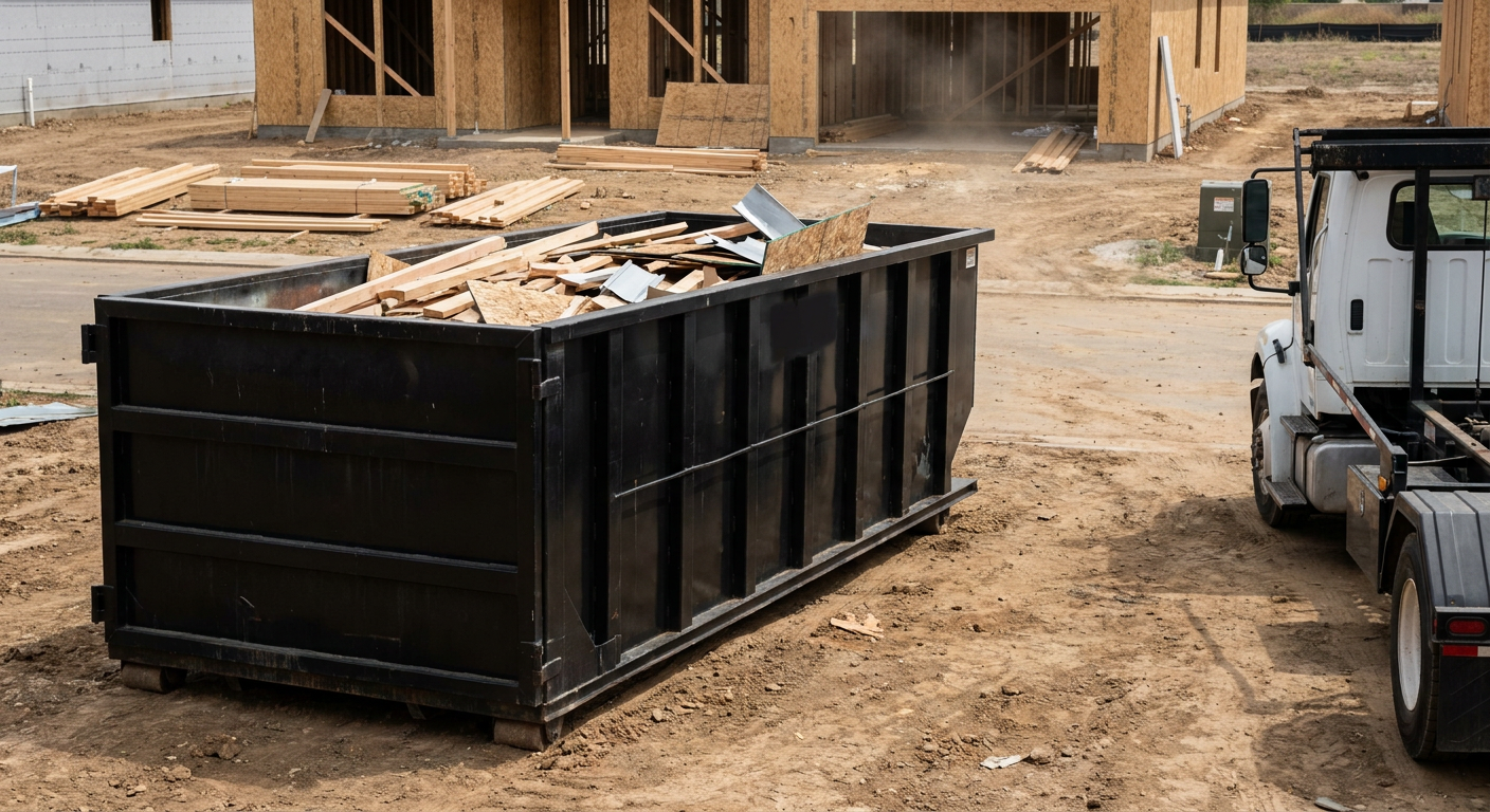 Matte-black 20-yard roll-off construction dumpster with heavy ribbed steel sidewalls and swing rear doors at a working jobsite in League City, sitting directly on compacted dirt with an unmarked white hauler partially visible at the far edge of the frame.