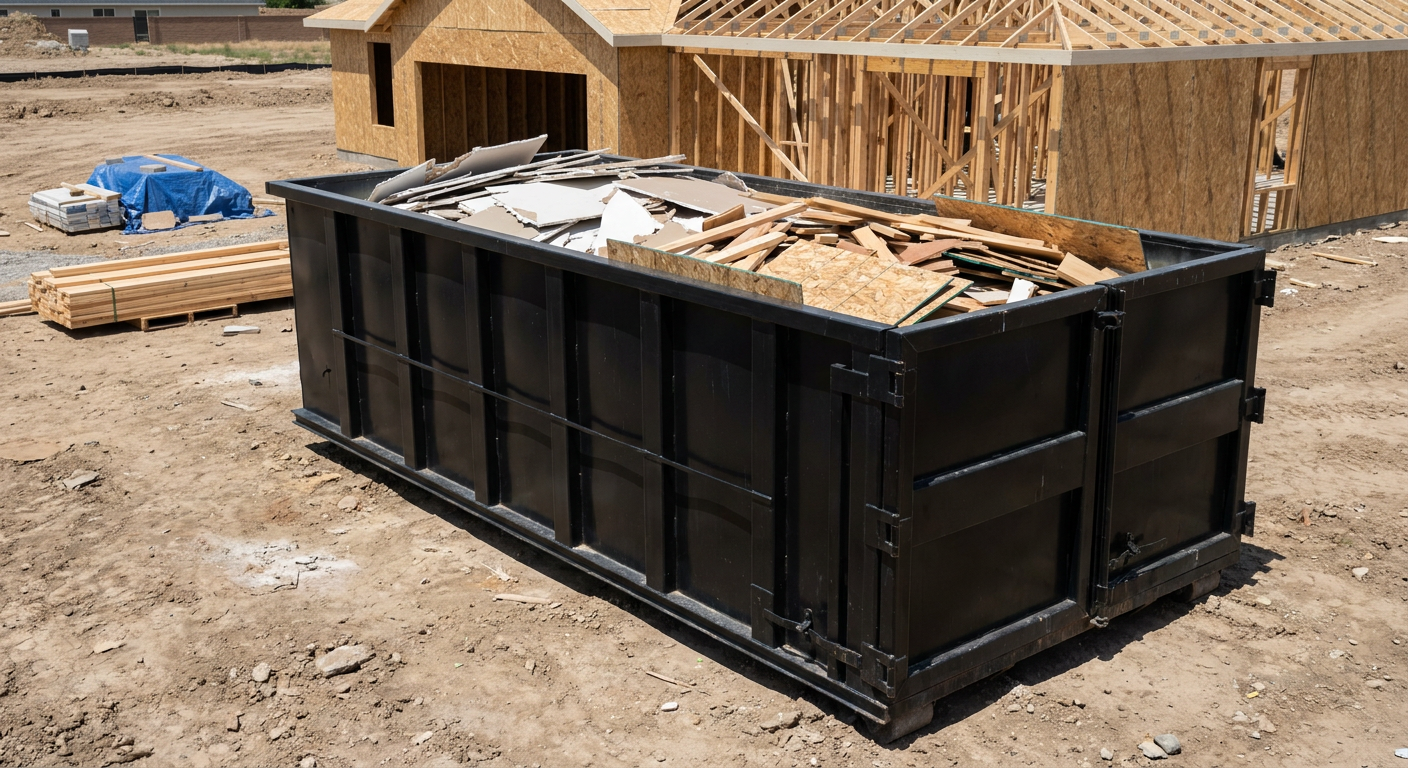 Matte-black 30-yard roll-off construction dumpster sitting directly on the compacted-dirt site of a framed single-family home build in League City, drywall and lumber scrap loaded inside.