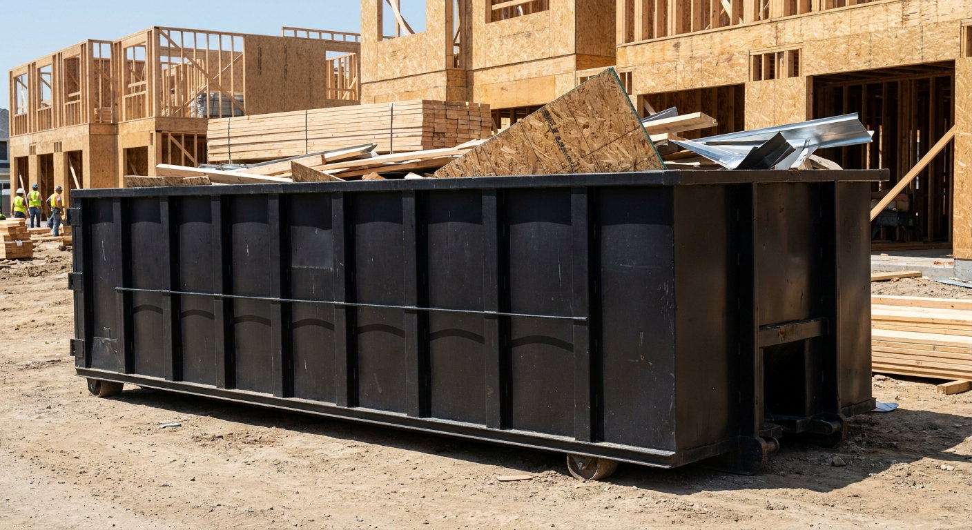 Matte-black 40-yard roll-off construction dumpster being lowered from a white-cab hooklift delivery truck onto the compacted-dirt jobsite at a commercial build site in League City