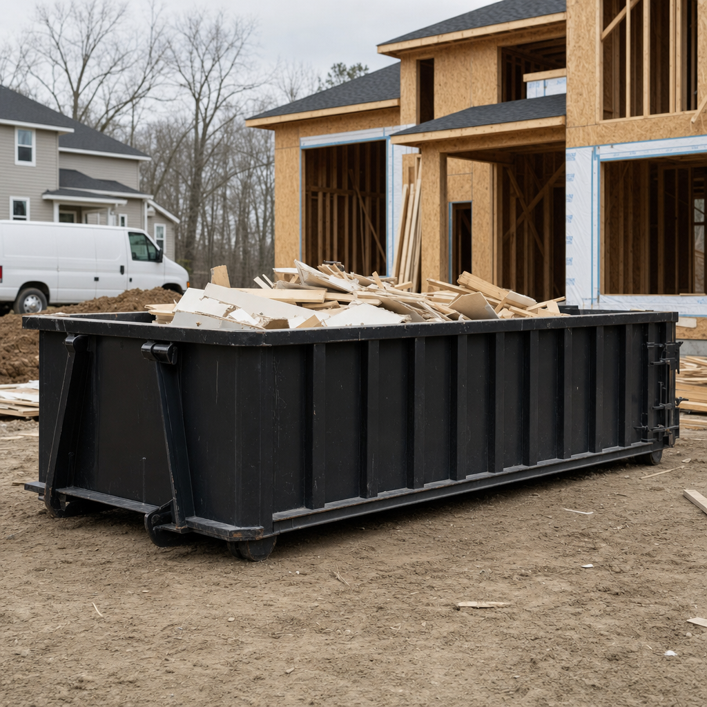 Worker in a yellow high-visibility vest tossing framing lumber and broken drywall into a matte-black 30-yard construction roll-off dumpster on an active build site in League City, bright daylight