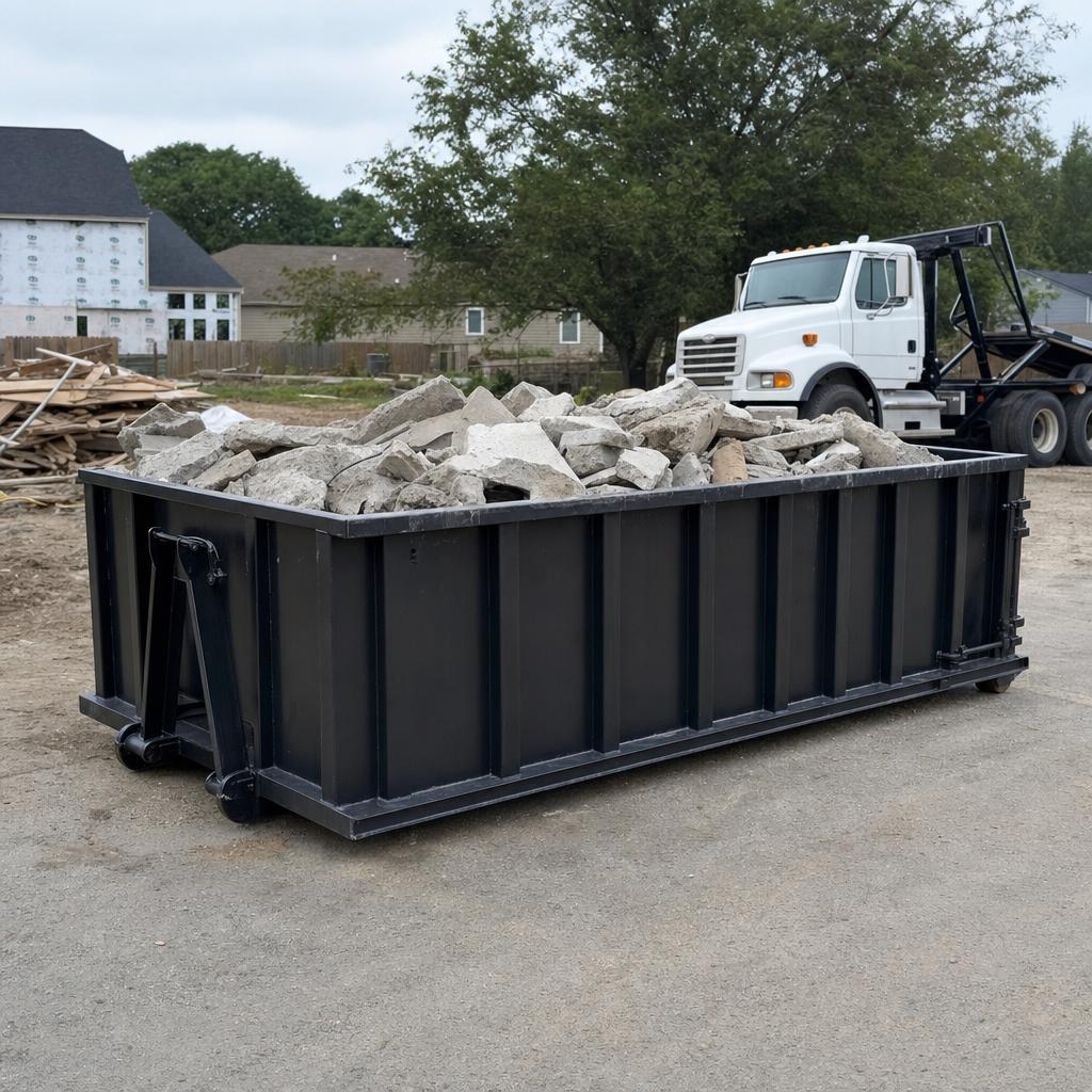 Low-profile matte-black lowboy roll-off dumpster loaded with broken concrete slab and rebar at a foundation tear-out in League City, skid steer parked beside it, sunny Colorado morning