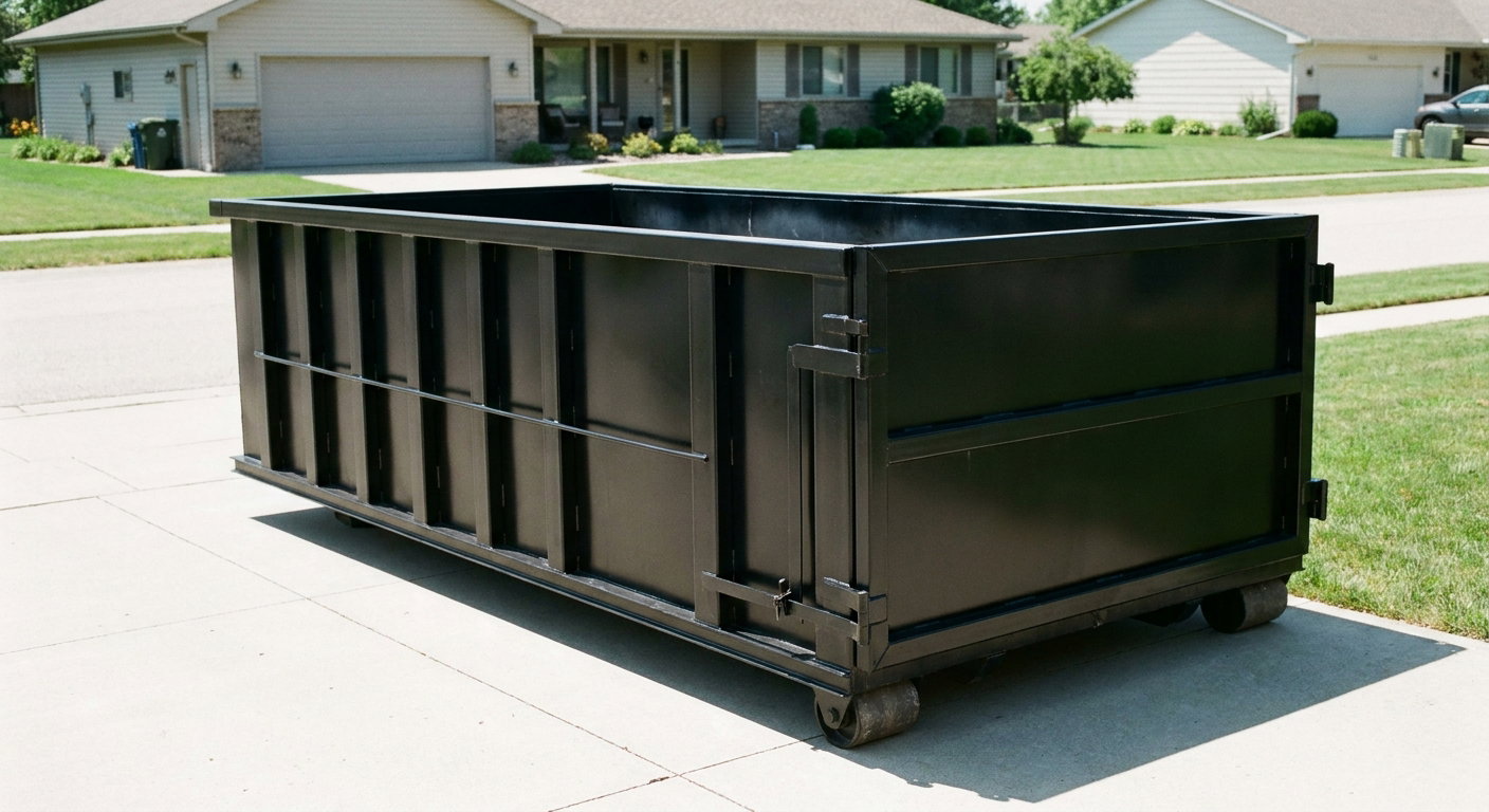 Matte-black 10-yard roll-off dumpster on a residential concrete driveway in League City, uniformly painted matte black across every panel and rail, ribbed steel sidewalls and rear swing door visible, mid-day daylight.