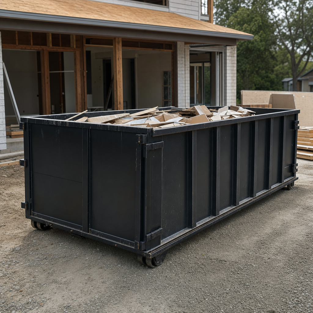 Large matte-black 30-yard construction roll-off dumpster at an active League City jobsite, steel-gray top rails and bottom rollers visible, loaded with construction debris.