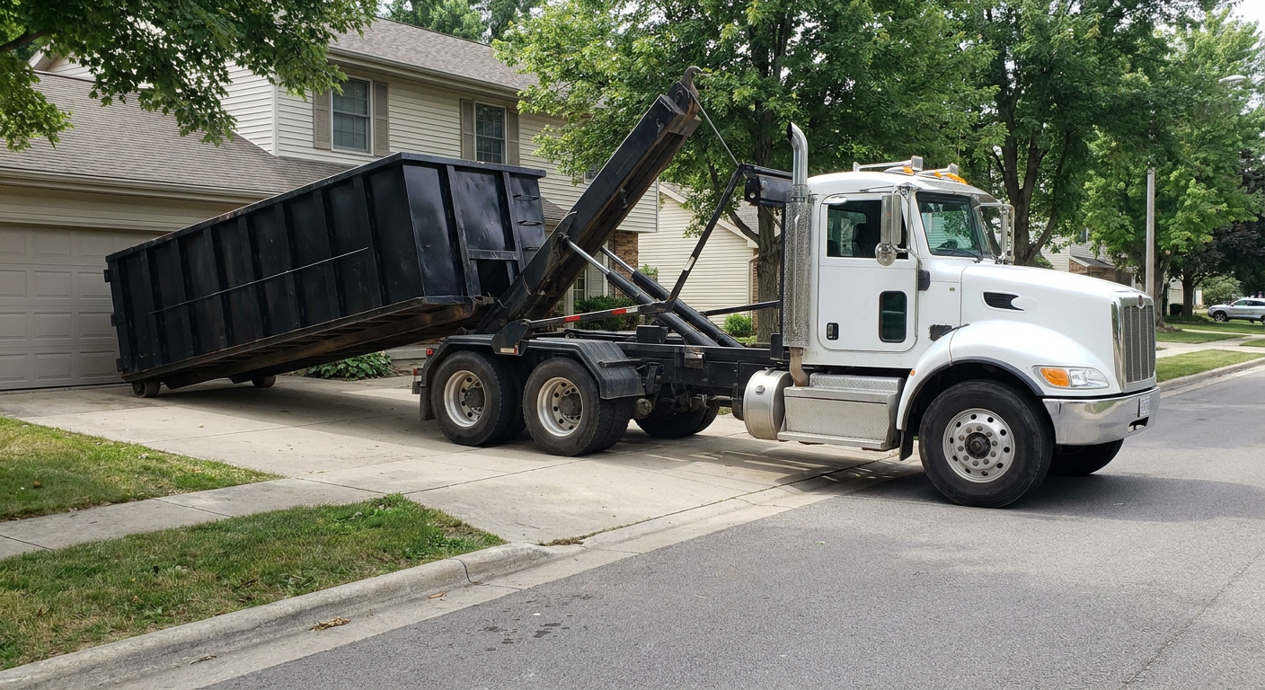 White-cab hooklift roll-off truck actively lowering a matte-black dumpster onto a League City residential concrete driveway, the dumpster's rear wheels touching the driveway as the hoist arm tilts the bed forward, mid-morning daylight.