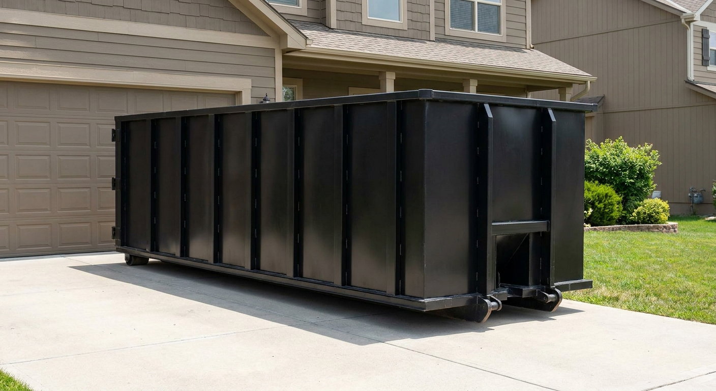 Matte-black residential roll-off dumpster sitting directly on a suburban League City concrete driveway, garage door closed, single-family home in background, bright morning daylight.