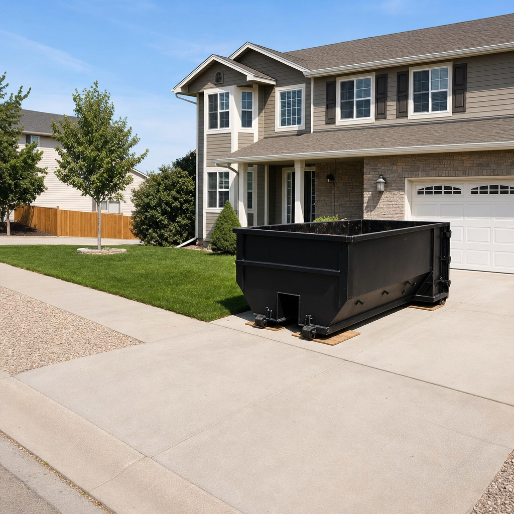 10-yard matte-black residential dumpster placed directly on a narrow League City concrete driveway, room remains for a parked sedan beside it, mid-morning natural light