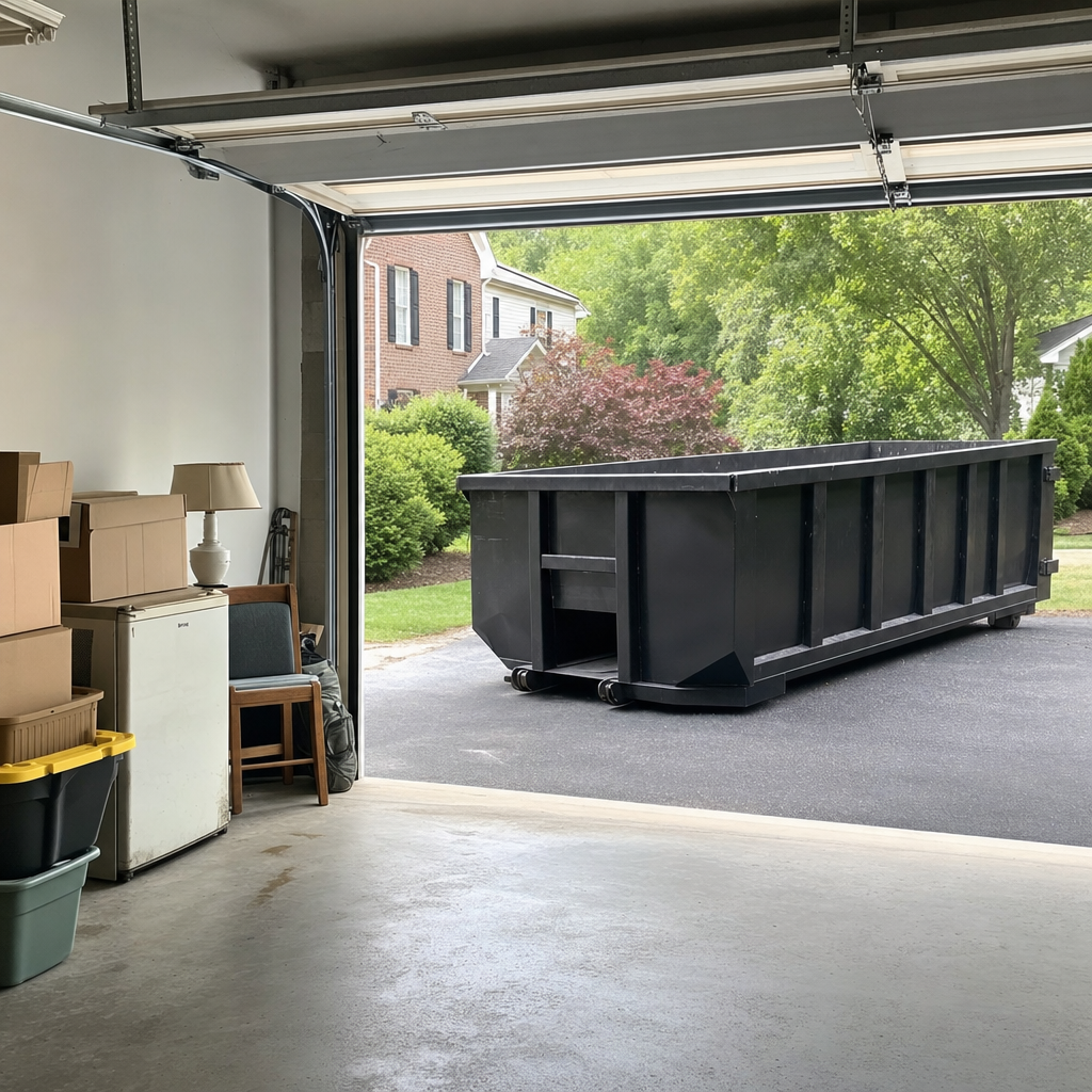Open garage interior in a League City home mid-cleanout — boxed items, an old appliance, and stacked yard tools queued near the driveway for a matte-black roll-off dumpster, organized and calm