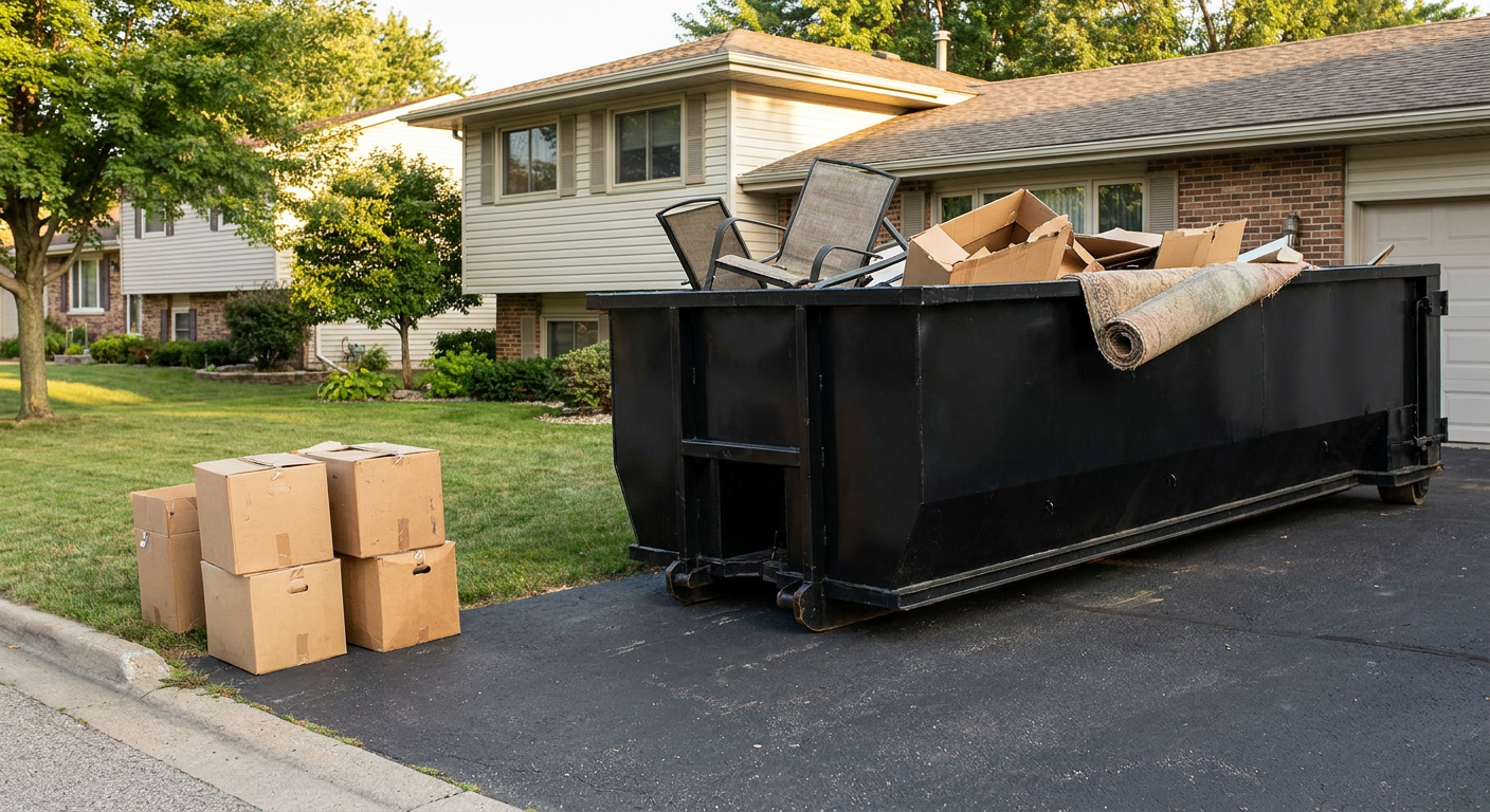 Front-yard view of a League City split-level home with a 20-yard matte-black roll-off dumpster sitting directly on the asphalt driveway, a few clearly labeled donation boxes staged at the curb, calm sunny afternoon.