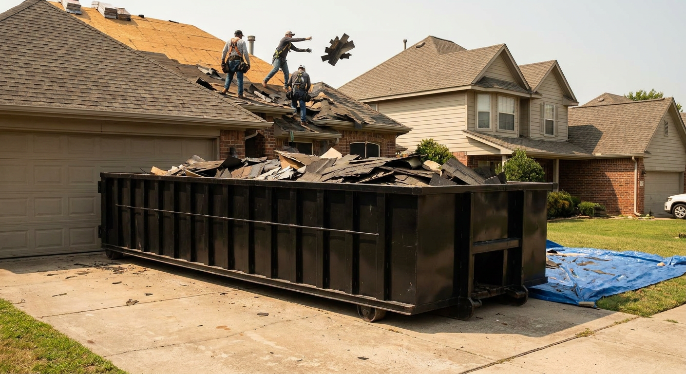 Matte-black roofing roll-off dumpster placed directly on a League City residential concrete driveway, a tear-off crew on a two-story asphalt-shingle roof tossing shingle bundles into the low-walled container, bright daylight, documentary 35mm perspective.