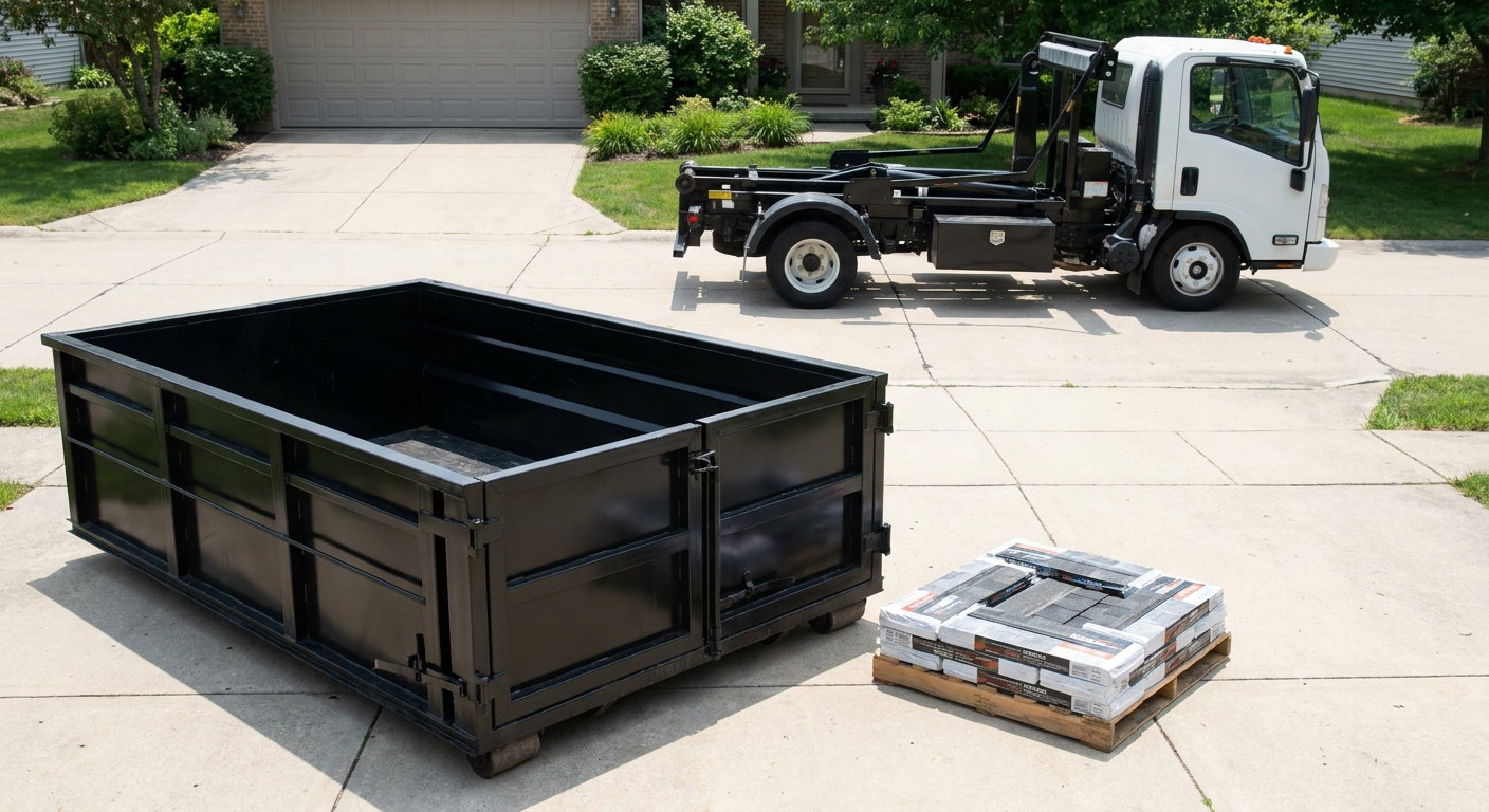Matte-black 15-yard roofing roll-off dumpster with reinforced low side walls sitting directly on a League City residential concrete driveway, three-tab asphalt shingle bundles stacked nearby, an unmarked white hauler truck partially visible at the edge of the frame.