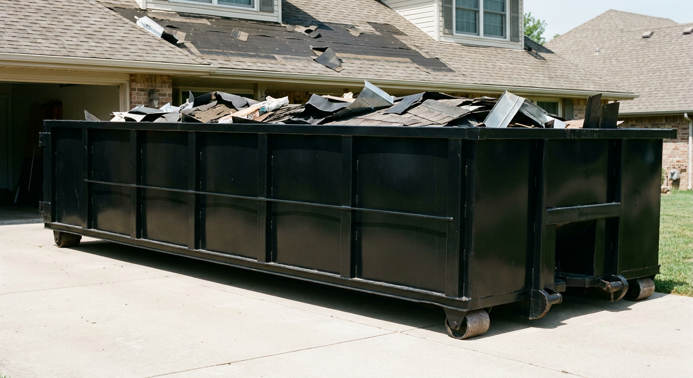 Matte-black 20-yard roofing roll-off dumpster with steel ribbed sides and swinging rear door, sitting directly on the concrete driveway of a two-story League City home, asphalt shingle debris being loaded over the low wall, clean documentary lighting.