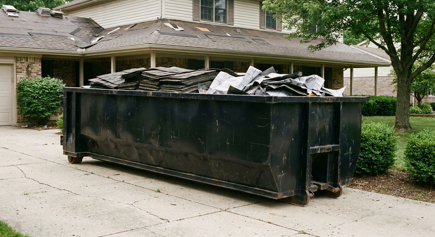 Matte-black 30-yard roofing roll-off dumpster sitting directly on a League City concrete driveway, taller ribbed steel side panels, mixed tear-off debris of asphalt shingles and underlayment inside, professional documentary daylight.