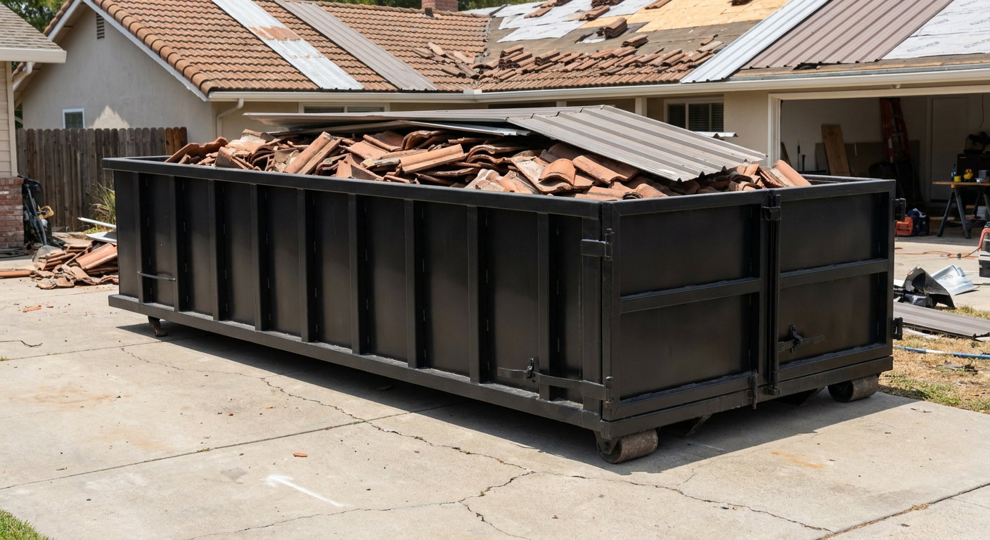 Matte-black low-wall heavy-debris roofing roll-off dumpster sitting directly on a League City concrete driveway, broken concrete clay roof tiles and metal panel sections loaded inside, reinforced ribbed steel side walls visible, bright outdoor daylight.
