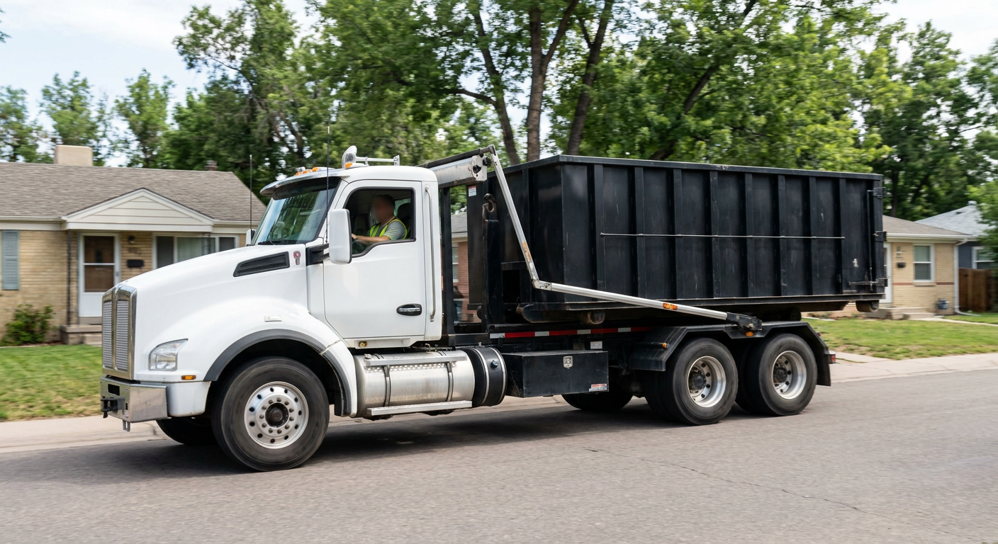 A wide documentary shot of a matte-black roll-off delivery truck pulling onto a quiet League City residential street at mid-morning, with neighborhood rooftops and tree-lined blocks visible behind, showing the metro coverage footprint.