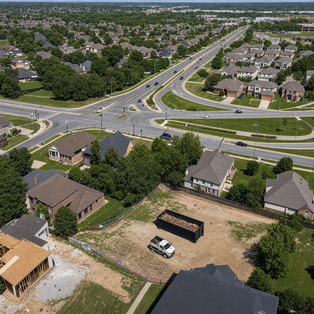An overhead documentary view of the League City metro area at midday, showing the spread of neighborhoods, arterial roads, and the dispatch radius from a central yard — clean daylight, organized geographic layout.