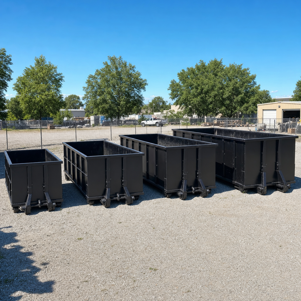 A clean lineup of matte-black roll-off dumpsters in 10, 20, 30, and 40-yard sizes staged on a sunlit gravel yard in League City, showing the size progression from compact to commercial-scale containers.