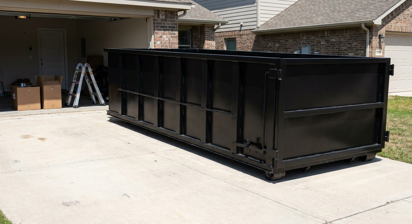 A matte-black 10-yard roll-off dumpster sitting directly on a residential League City concrete driveway, mid-day sunlight, clean and ready for a garage cleanout.