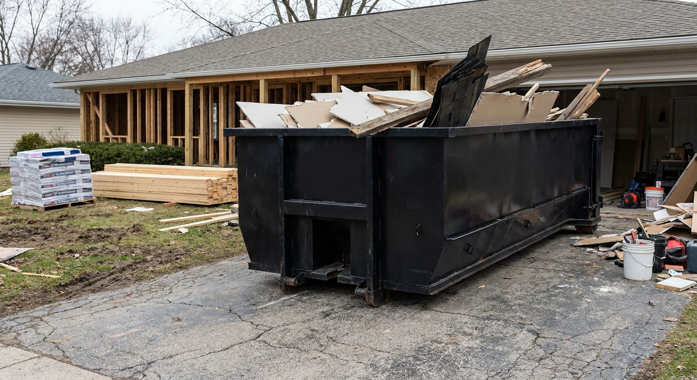 A matte-black 20-yard roll-off dumpster placed alongside a mid-renovation League City home directly on the asphalt driveway, with framing materials and torn-off shingles staged neatly nearby.