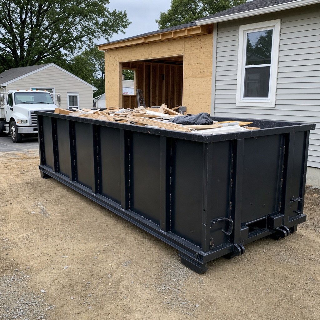 A matte-black 30-yard roll-off dumpster positioned at a League City residential addition jobsite, with framing lumber and drywall scraps loaded through the open swinging rear doors.