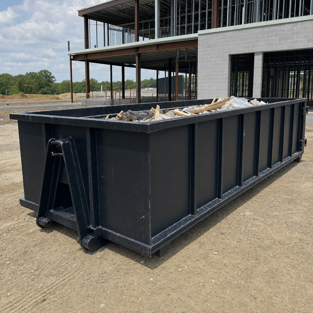 A matte-black 40-yard roll-off dumpster staged on a large League City commercial construction lot, with a hooklift delivery truck parked alongside under bright midday sky.