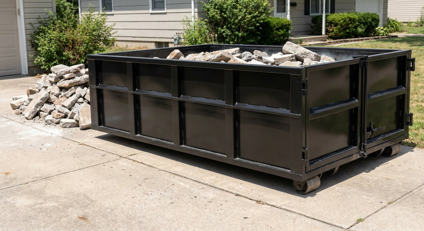 A matte-black low-side heavy-debris roll-off dumpster placed directly on a League City concrete driveway, with broken concrete chunks neatly stacked beside it under clean daylight.